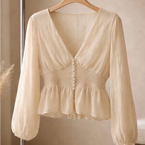 Chic Cream Blouse with Smocked Waist